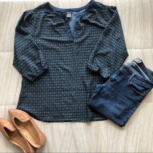Ann Taylor Navy 3/4 Sl Patterned Blouse